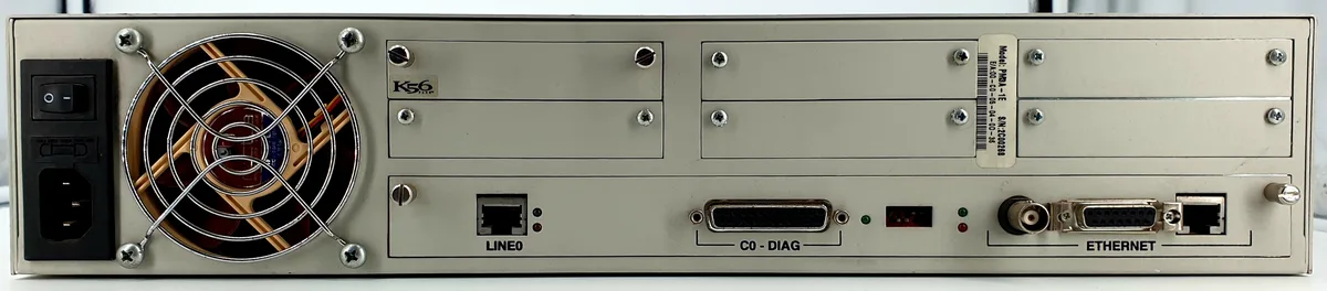 Portmaster 3 rear panel — LINE0, C0-DIAG console, Ethernet BNC/AUI, expansion slots, power supply