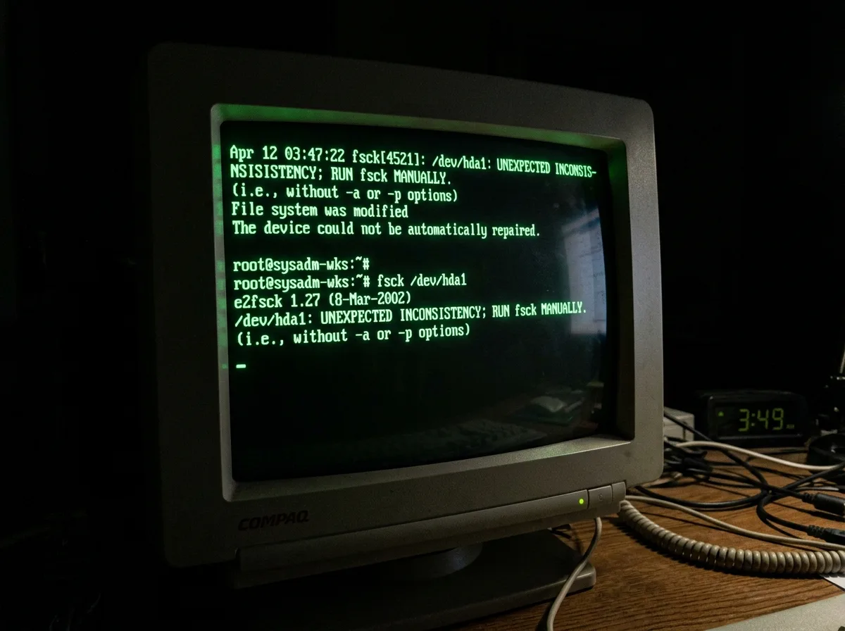 CRT monitor displaying a Linux fsck error: /dev/hda1 UNEXPECTED INCONSISTENCY at 3:49am