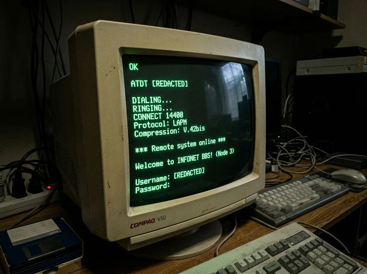 CRT screen showing a 14.4k baud modem CONNECT log with V.42bis compression