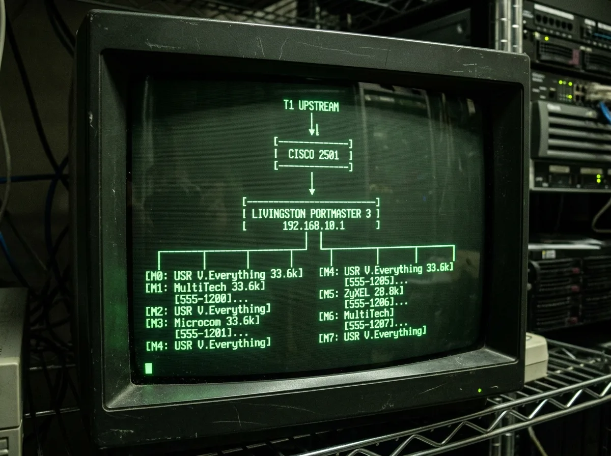 CRT screen showing an ASCII ISP rack diagram: T1 to Cisco 2501 to Portmaster 3 to modem bank