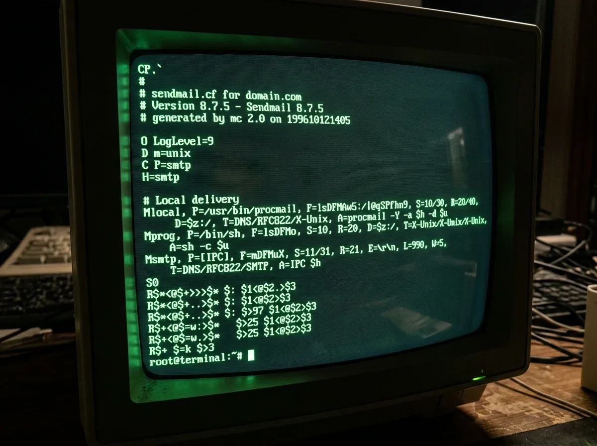 CRT terminal showing a dense sendmail.cf configuration file, version 8.7.5