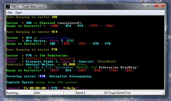 TradeWars 2002 — TWCC client showing sector warps, Federation StarDock, and command prompt