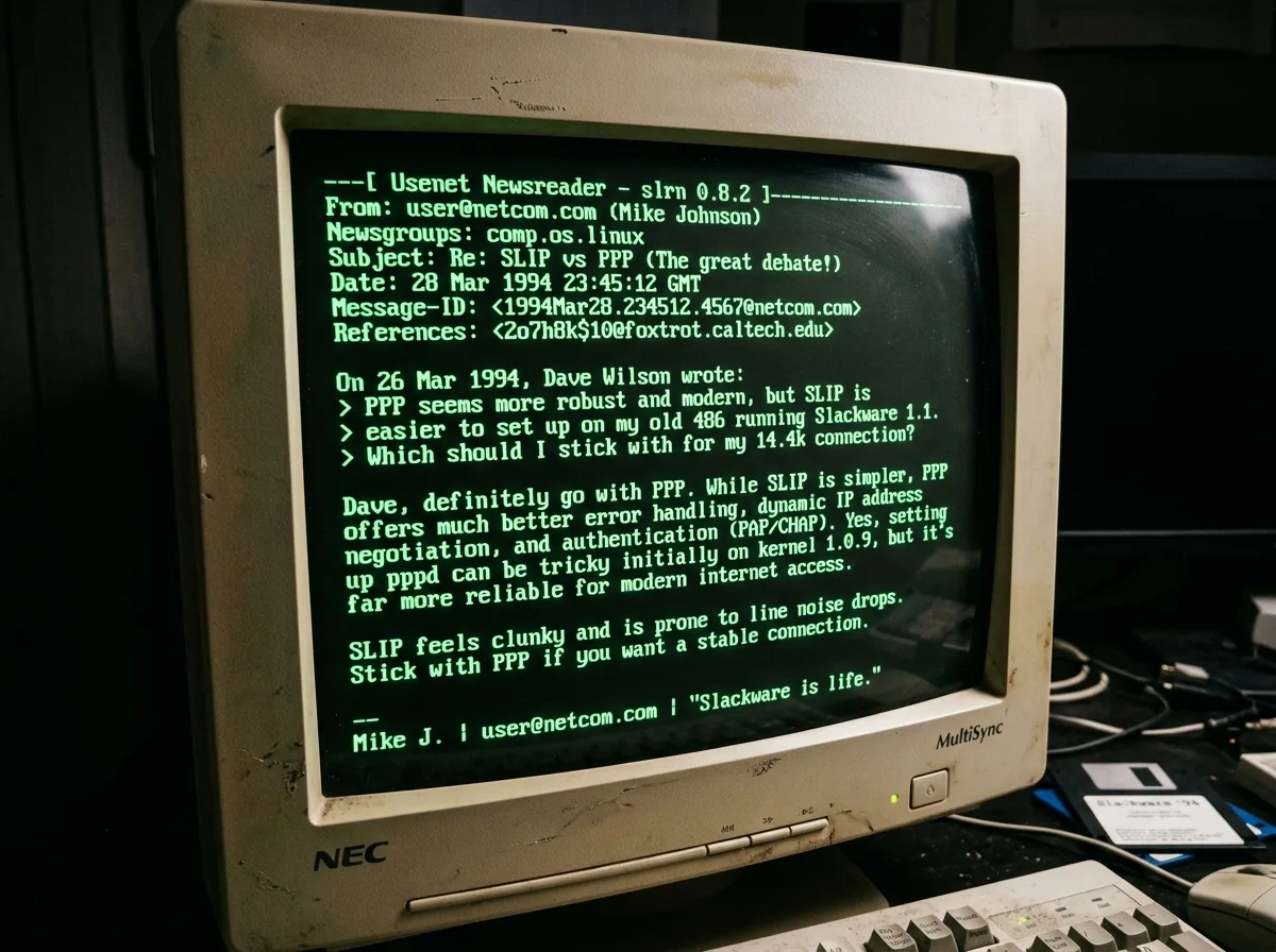 CRT terminal showing a Usenet post from comp.os.linux, March 1994, debating SLIP vs PPP